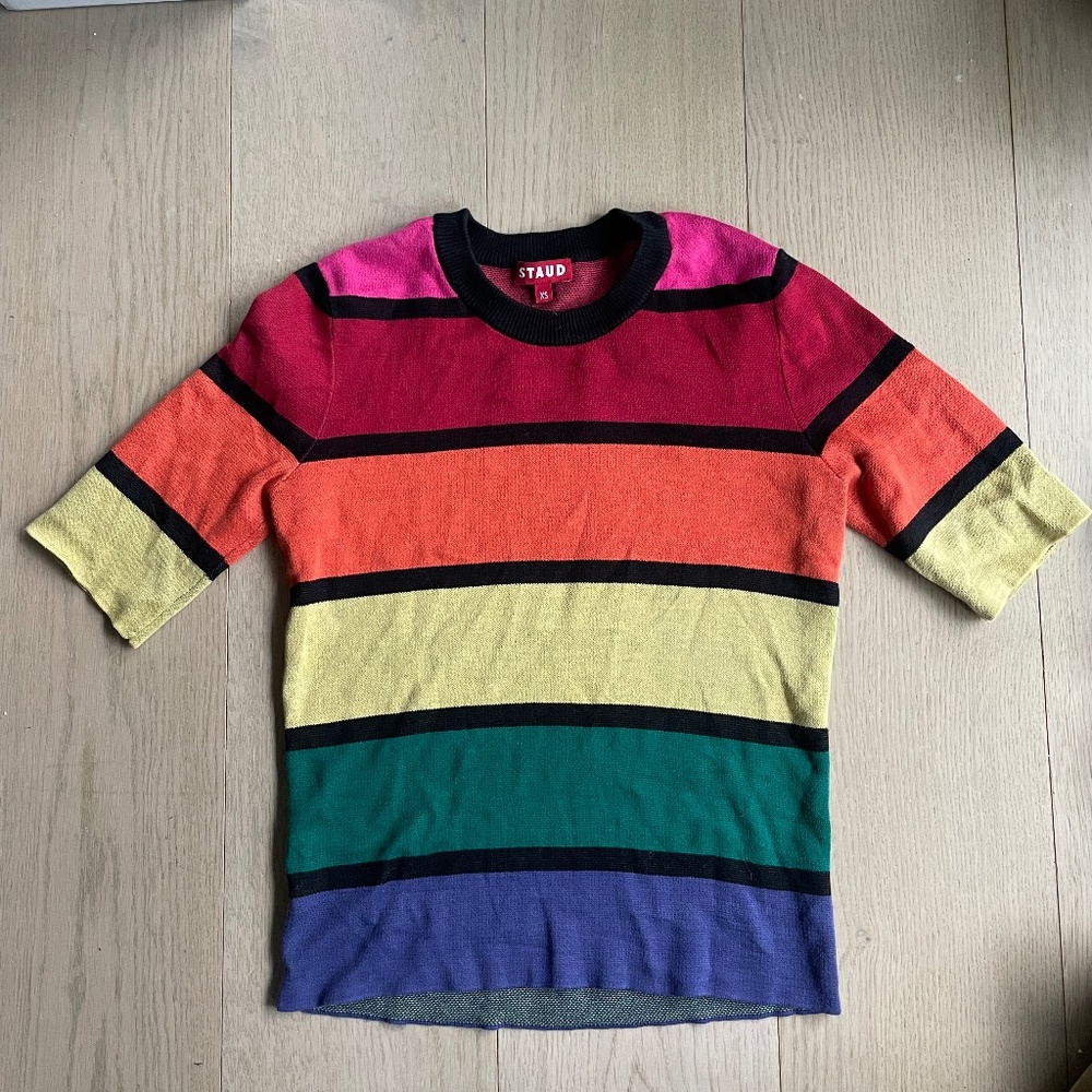 Staud Bain Top, XS Extra Small, Striped Rainbow Color Block Short Sleeve